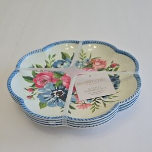 NWT Shabby Chic  Set Of 4 100% Floral Blue Pink Scalloped Melamine Plates